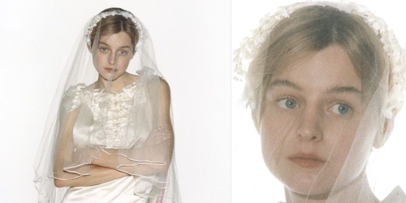 Emma Corrin from "The Crown" is in a wedding dress against a white background. In a second image, she is still in a wedding dress against the same background, but it is a close up of her face.