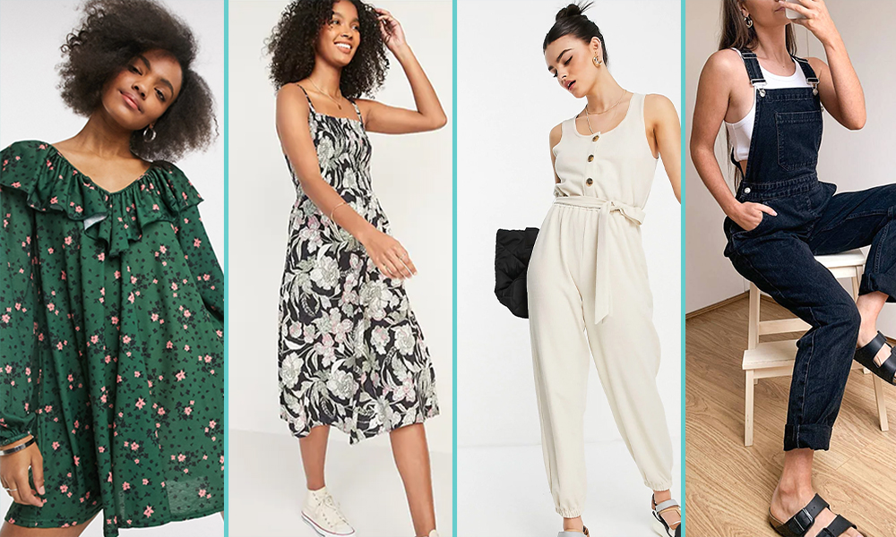 Four images in a collage: A green babydoll dress, a white and black flower patterned dress, a neutral off-white jumpsuit, and black overalls.