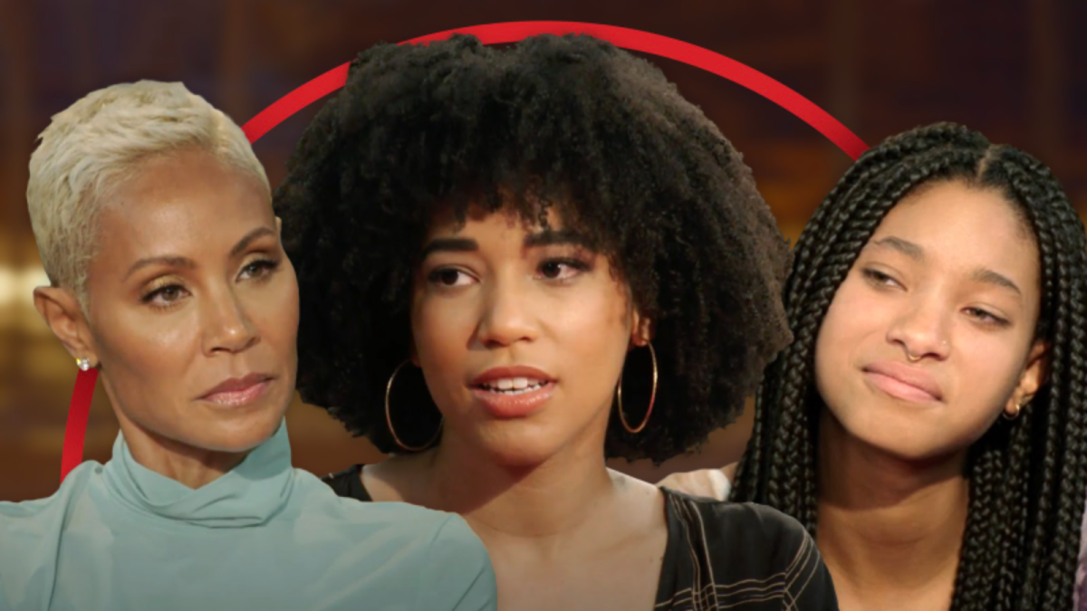 Image shows three black people (Jada Pinkett Smith, Gabrielle Smith and Willow Smith) close up with a red arc behind them.