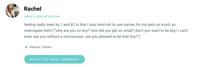 feeling really seen by 1 and 62 in that i also tend not to use names for my pets so much as interrogate them (“why are you so tiny? how did you get so small? don’t you want to be big? i can’t even see you without a microscope. are you allowed to be that tiny?”)