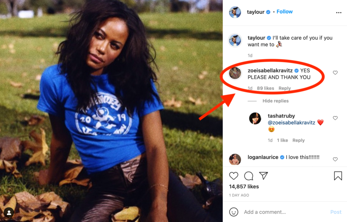 Taylour Paige sits on the grass in a blue t-shirt and dissolved hair, looking off to the side, in an Instagram Post. The caption reads "I'll take care of you if you want me to" and a response from Zoe Kravitz reads "YES PLEASE AND THANK YOU"