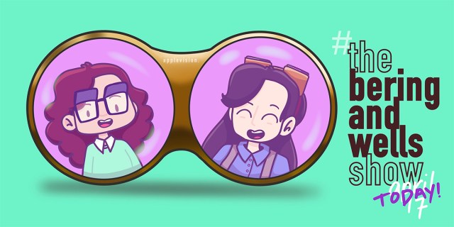 A drawing of Helena Wells and Myka Bering inside a pair of flip glasses with the caption The Bering and Wells Show