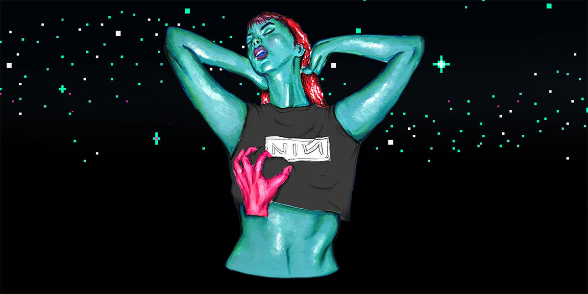 A painting of a thin person with pink pigtails and blue-tinged skin leaning back with her arms folded behind her head and eyes closed, while a pink-tinged hand squeezes her breast through a Nine Inch Nails crop top