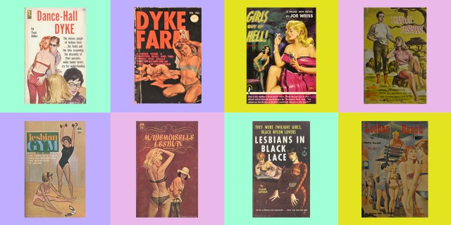 Eight of the book covers featured in this quiz: Dance Hall Dyke, Dyke Farm, Girls From Hell, I Am a Lesbian, Lesbian Gym, Mademoiselle Lesbian, Lesbians in Black Lace, Lesbos Beach