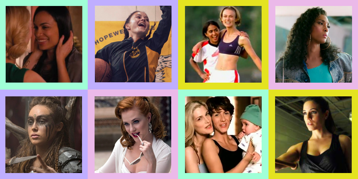 Photos representing eight of the possible answers from the quiz: Jane the Virgin, Bend It Like Beckham, Pose, The 100, True Blood, Queer as Folk, Lost Girl