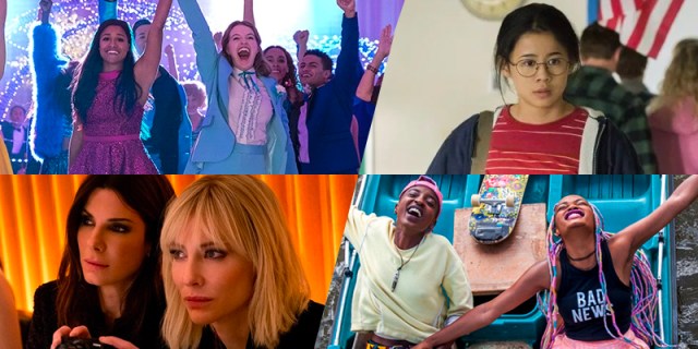 A collage of four good first date movies for lesbians from the list: The Prom, The Half of It, Ocean's 8, Rafiki