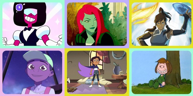 A collage of six of the characters in this quiz: Garnet, Poison Ivy, Korra, Benson, Luz, and Peppermint Patty
