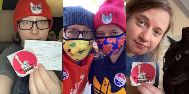 A composite of three photos; L to R: Heather holding her vaccine card and sticker; Heather and Stacy taking a selfie together outdoors with masks on; Stacy holding her vaccine sticker up next to a cat