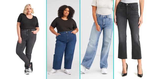 Post-Pandemic Lesbian Fashion: There are four people in jeans against a white background in this collage. The first is a femme person in black straight leg jeans, the next is a person with shoulder length hair in wide length pants, the third is a close up of light blue jeans in a flare, and the last are black cropped capri jeans.