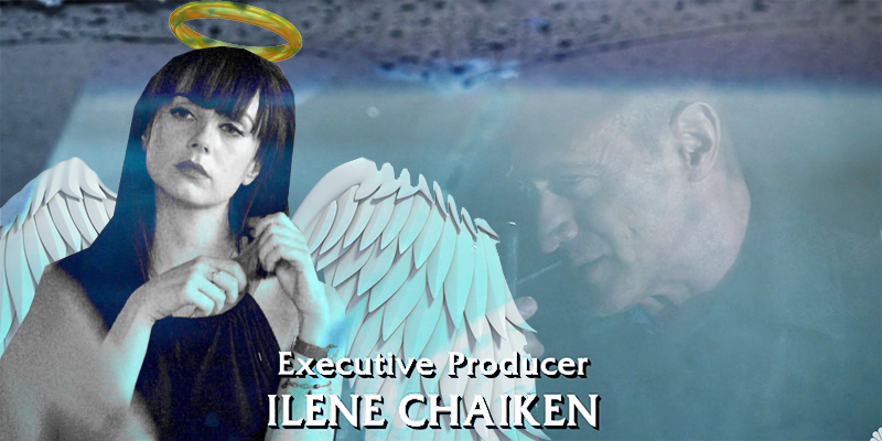 Jenny Schecter with angel wings and a halo superimposed over a screenshot of Law & Order: Organized Crime with the caption: Executive Producer Ilene Chaiken