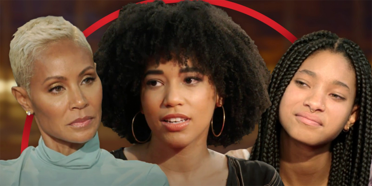 Image shows three black people (Jada Pinkett Smith, Gabrielle Smith and Willow Smith) close up with a red arc behind them.