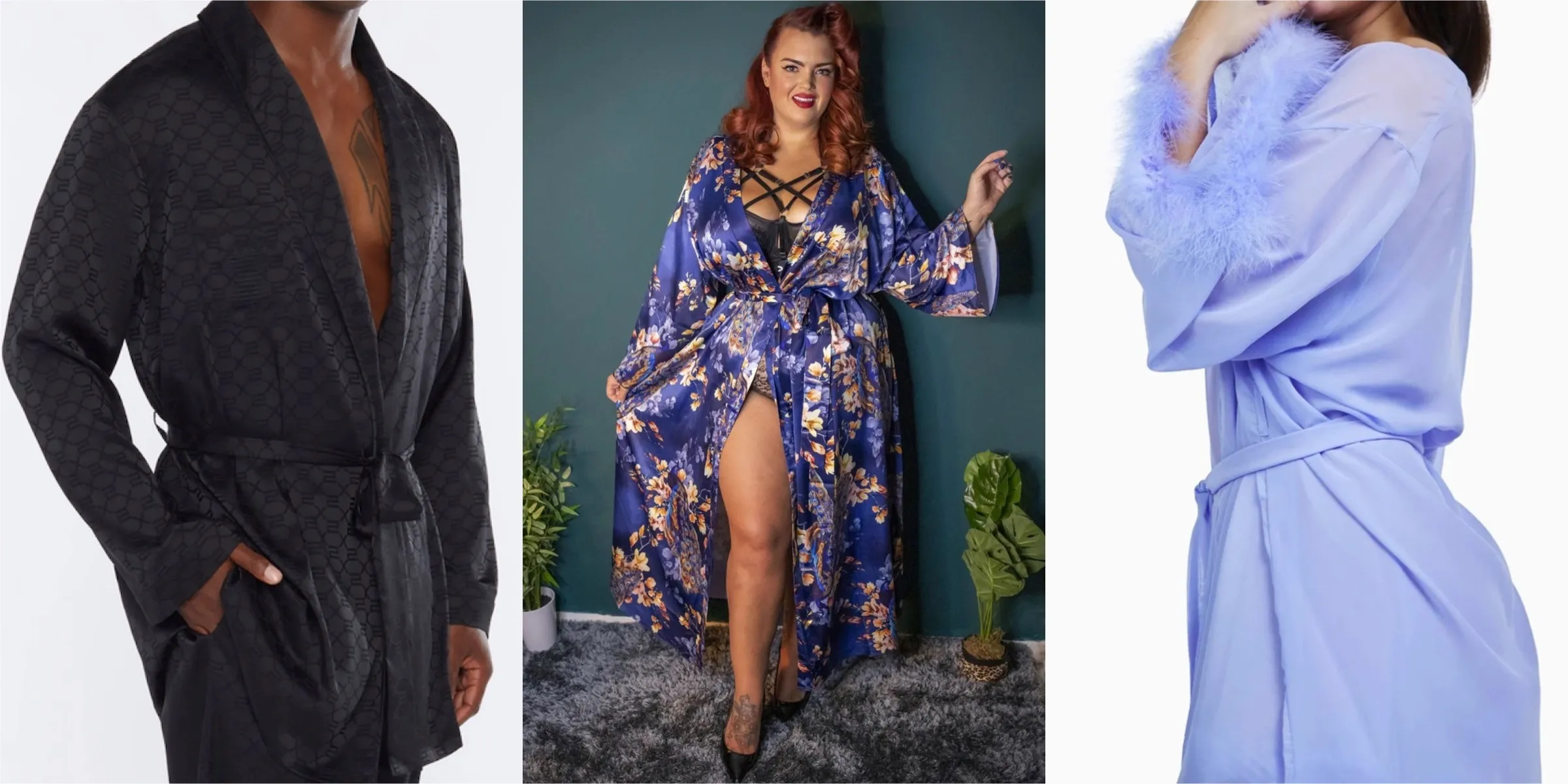 A collage of three models wearing robes, from L to R, a men's smoking jacket, a flowing satin peacock-patterned robe, and a feathered lilac chiffon robe