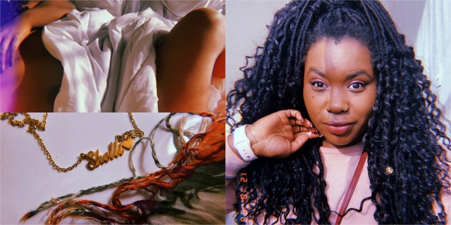 A collage of three HUJU-edited light-leaked photos, one of Shelli's face with a half-smile, one of her nameplate necklace draped across a table in a sunbeam, and one of Shelli's naked limbs tangled in white bedsheets