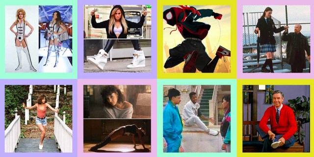 A collage of eight of the shoe results in this quiz: Barbarella, JLo in Hustlers, Miles Morales, Princess Diaries, Baby from Dirty Dancing, Jennifer Beals in Flashdance, Dwayne Wayne in a Different World, Mr. Rogers