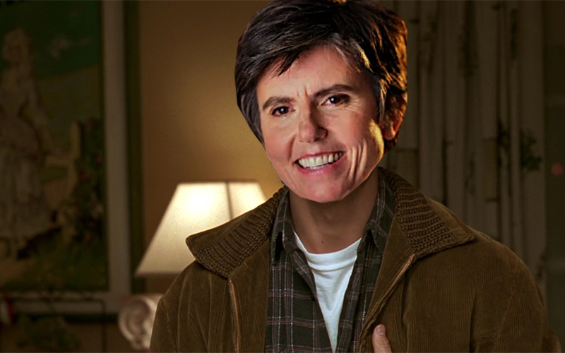 Tig Notaro Photoshopped into Jerry Maguire wearing a flannel and leather jacket
