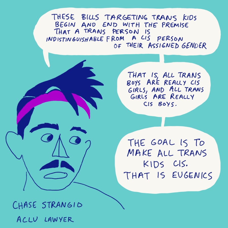 Drawing of Chase Strangio, ACLU Lawyer saying, "These bills targeting trans kids begin and end with the premise that a trans person is indistinguishable from a cis person of their assigned gender. That is, all trans boys are really cis girls, and all trans girls are really cis boys. The goal is to make all trans kids cis. That is eugenics."
