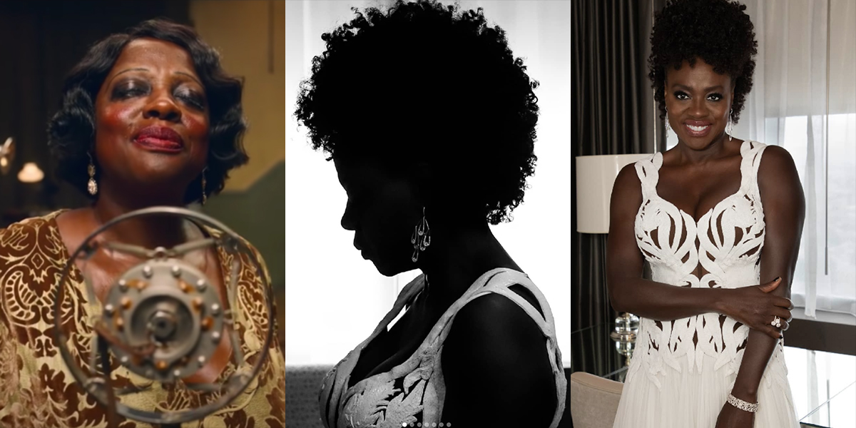 A three-photo collage of Viola Davis: Ma Rainey's Black Bottom, a profile shot in her Oscar gown, and a candid photo in her Oscar gown