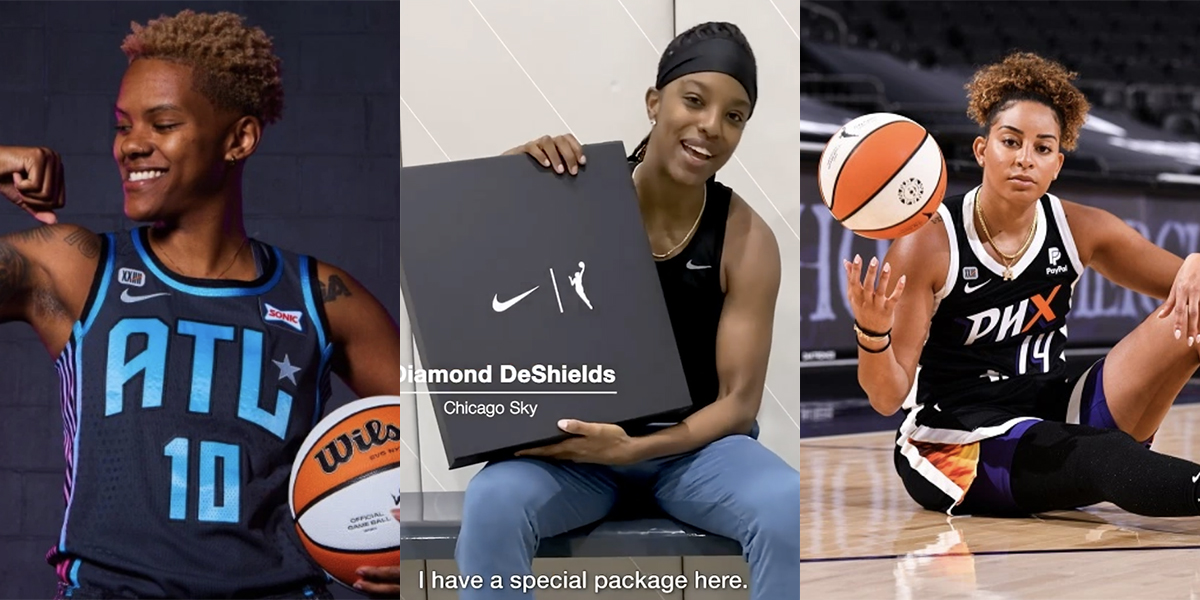 A collage of Courtney Williams, Bria Hartley, and Diamond DeShields with their new WNBA jerseys.