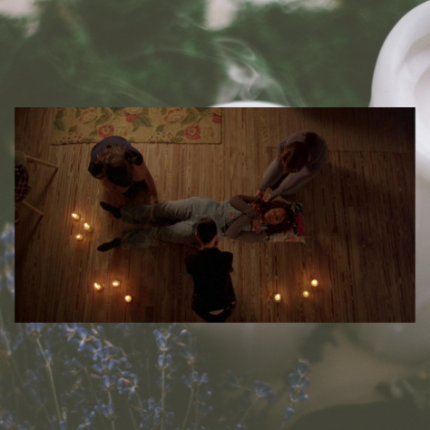 The Craft 25th Anniversary: Image shows 3 girls in a circle while one girl floats in the middle of them and they are surrounded by candles. A transparent image behind it shows lavender and candles.