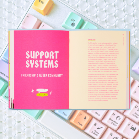 Image shows the text intro to a chapter that is called "Support Systems" and another image behind it shows a colorful keyboard.
