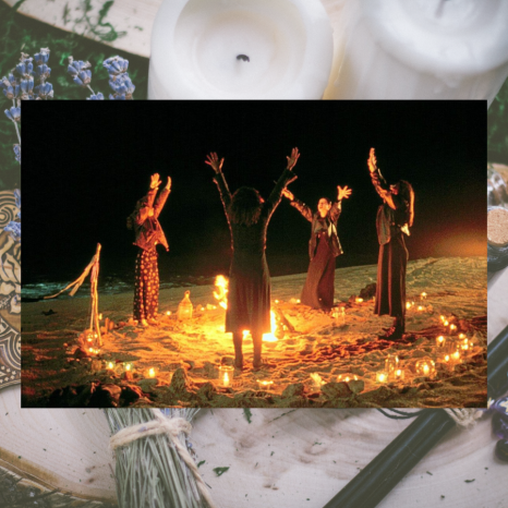 Image shows 4 girls in a circle on a beach with their hands in the air and candles surrounding them. A transparent image behind it shows lavender and candles on a tray