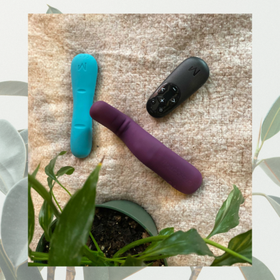Image shows two vibrators and one remote nestled together on top of a pink blanket. There is a small Plant in the frame shaping the photo.