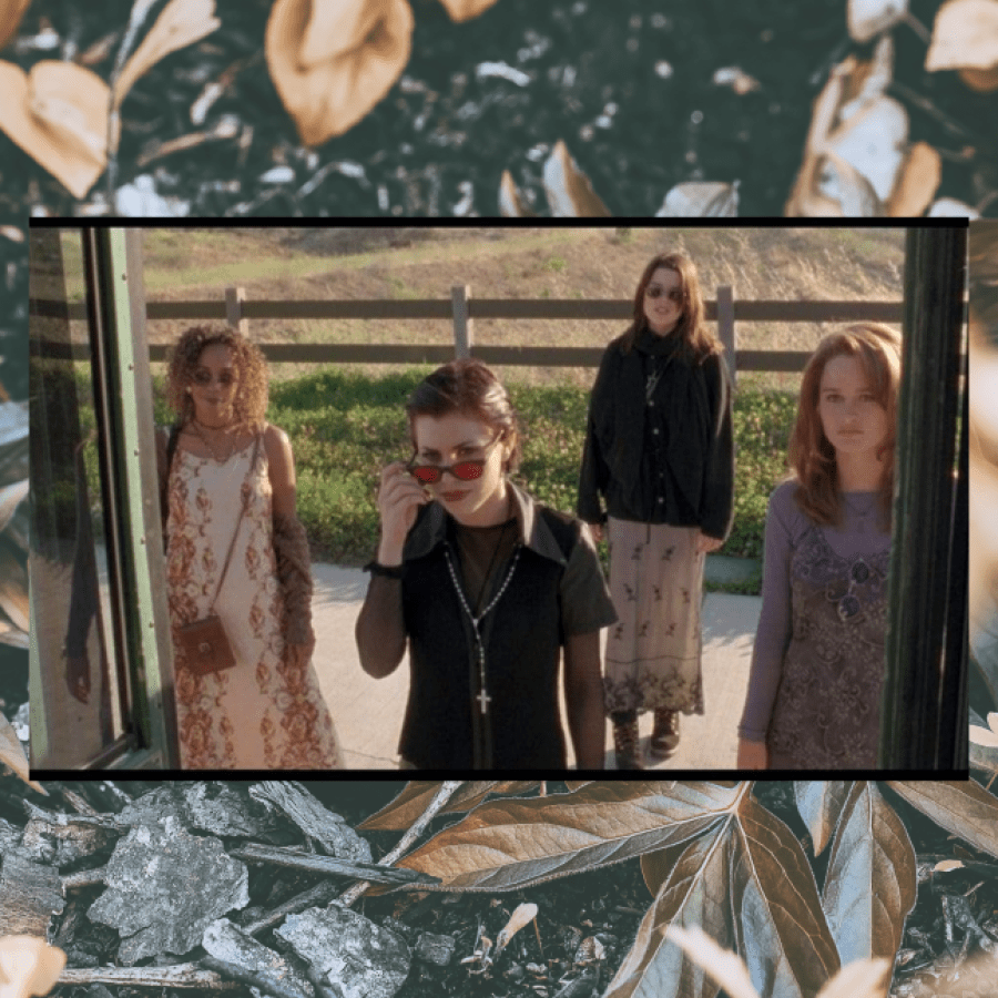 Image shows 4 girls standing outside the open door of a bus wearing clothes reminiscent of the 90s. A transparent image behind it shows leaves and grass in the woods.