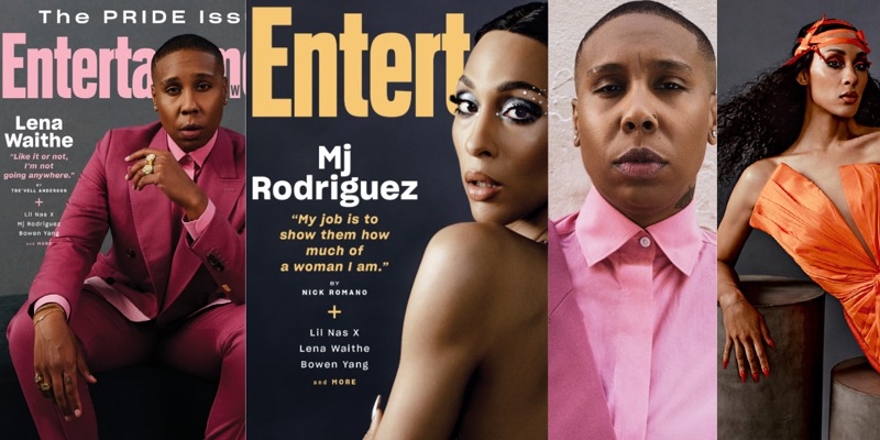 Two covers of Entertainment Weekly's 2021 Pride Issues: Lena Waithe in a pink suit, Mj Rodriguez with her back out facing the camera, and then inside images from the magazine: Lena Waithe, again with her pink button up shirt, and Mj Rodriguez this time in an orange dress and head wrap.