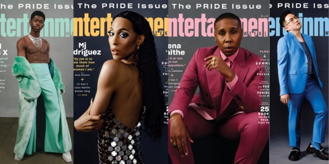 Four covers of the Entertainment Weekly 2021 Pride Issue, from Left to Right: Lil Nas X in green, Mj Rodriguez in shimmery silver, Lena Waithe in pink, and Bowen Yang in blue