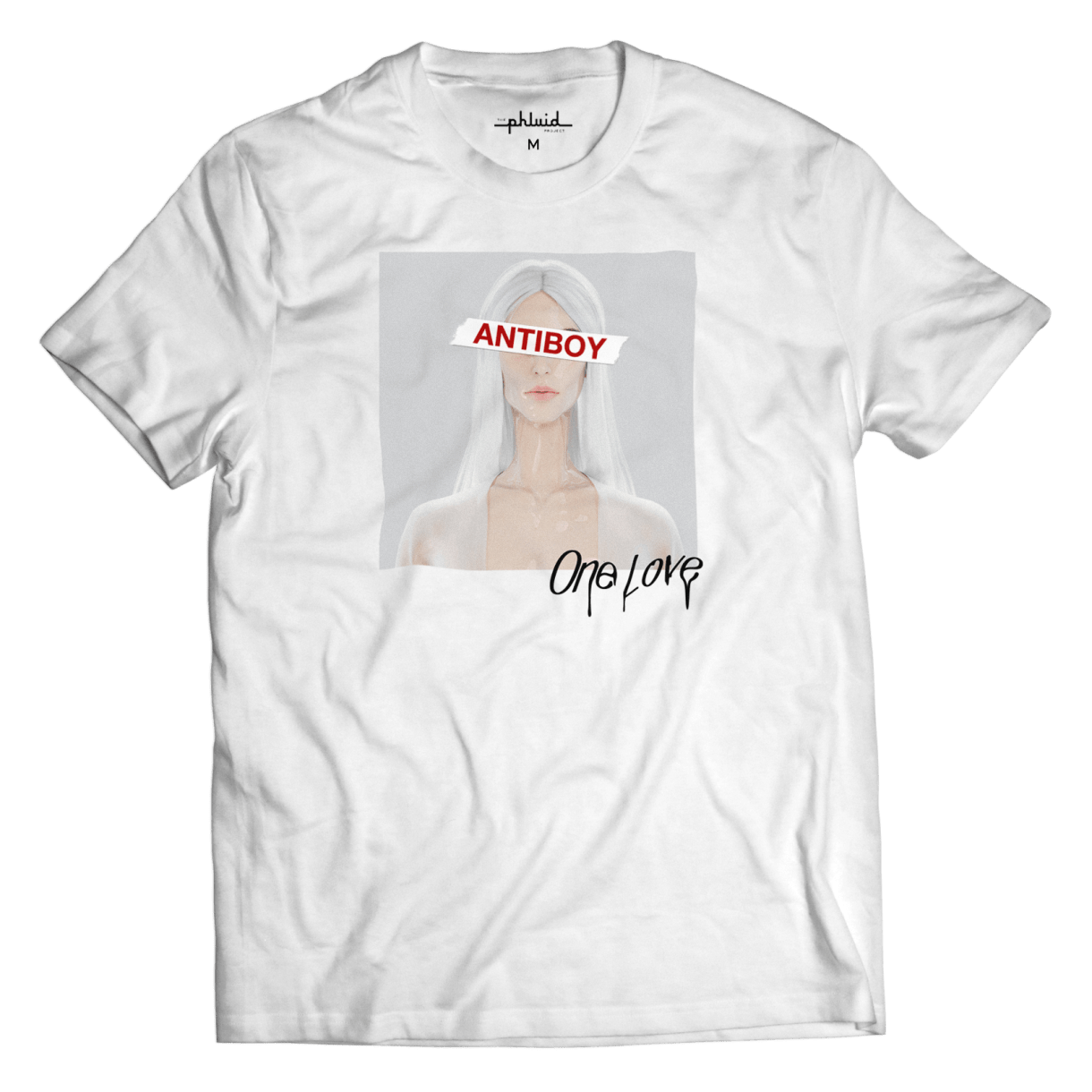 White t-shirt with a picture of a white person with long white hair, and the word "ANTIBOY" in red letters over the eyes. The word "One Love" is black ink dripping on the lower corner of the image.