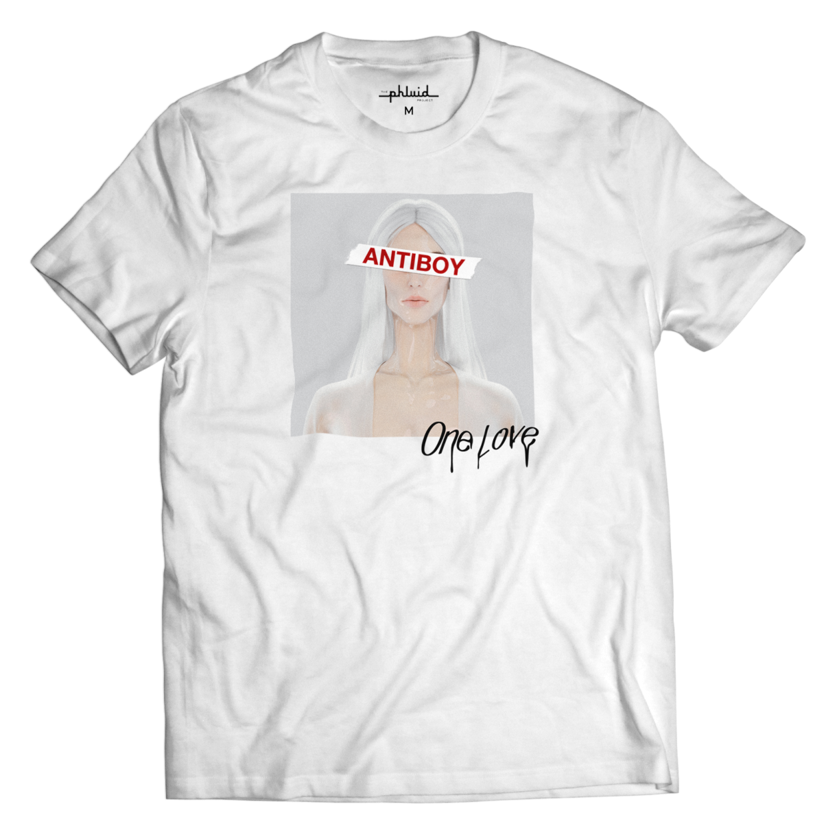 White t-shirt with a picture of a white person with long white hair, and the word "ANTIBOY" in red letters over the eyes. The word "One Love" is black ink dripping on the lower corner of the image.