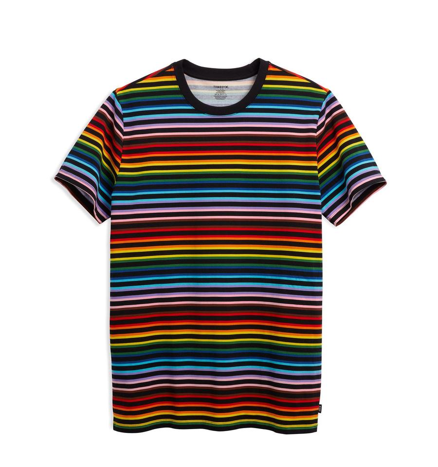 Rainbow-striped t-shirt.
