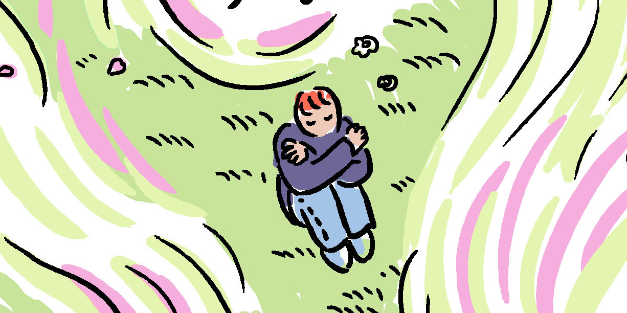 Yao is sitting alone in a green grass field that has swirls of pink and purple framing the edges.