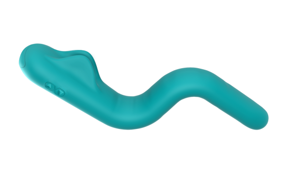 Image shows a teal color vibrator that is bended into a snake shape