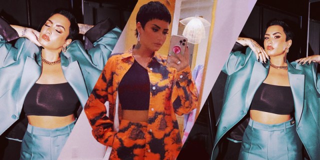 Demi Lovato is Non-Binary: Pop Star poses in front mirror in three photos, in a green suit, an orange suit, and back to the green. In each photo they have their signature pixie haircut.