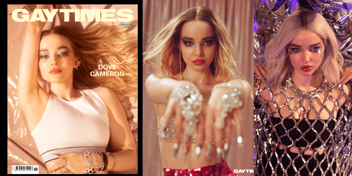Dove Cameron is bisexual and on the cover of Gay Times magazine, wearing a white tank top and shimmery make up. She is also in two other photos, both covered in sparkles.