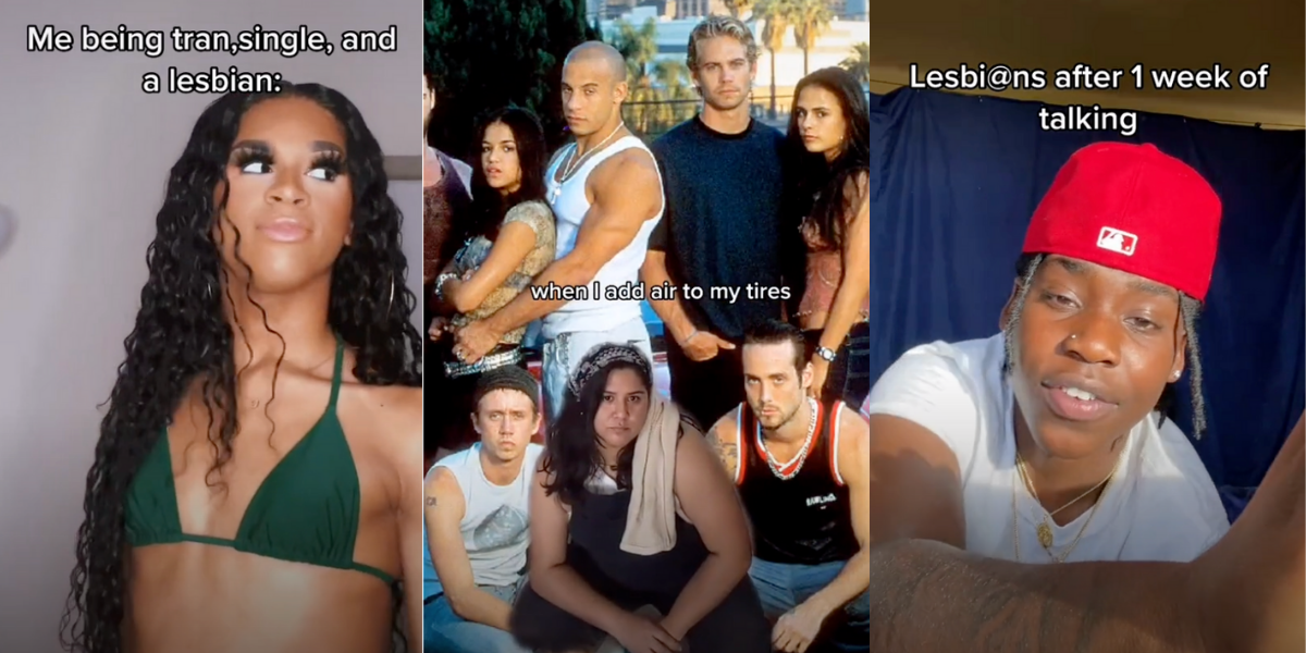 Image shows three photos together. The first is a Black woman with long hair and an olive bikini top. The second is a person kneeling in a mechanics outfit with the cast of "Fast and The Furious" intertwined. The third is a Black person in a white tee shirt and a red hat.