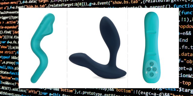 Image shows Three Vibrators in Three Photos. The First is a teal vibrator bent in the shape of a snake. The second is a dark blue anal vibrator with a flared base and the third is a teal vibrator that is smaller with four buttons. Behind all the images is Digital coding.