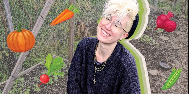 A stylized photo of Nicole smiling with their bare garden soil behind them, with vector art of different vegetables dancing around their face