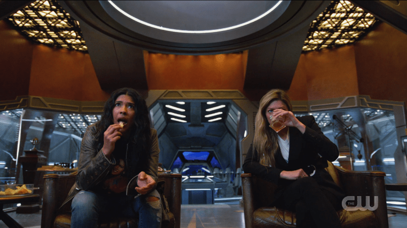 Legends of Tomorrow Episode 603: Spooner shoves a chip in her face and Ava chugs her whiskey.