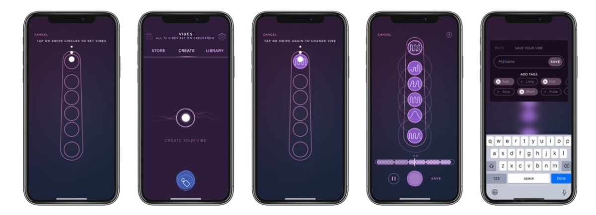 Image Shows the mysteryvibe app on five cell phones with it's features. Including how to set a vibration pattern, how to title and save them and how intense the vibes can go.