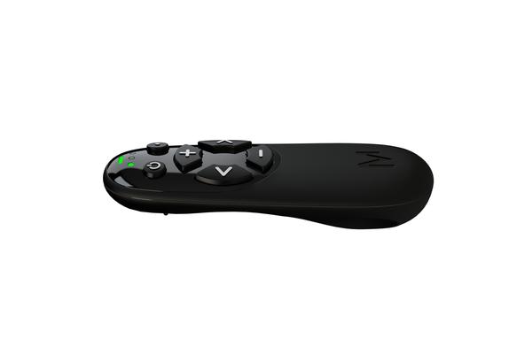 Image shows a Black remote, with 4 buttons and a green indicator power light.