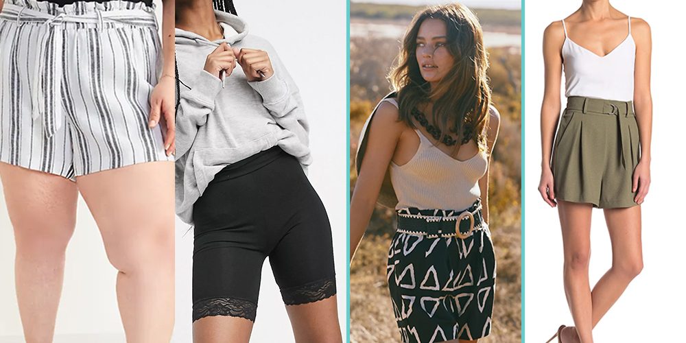 A composite of four photos of models wearing some really solid mommi-inspired shorts.