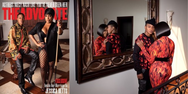 The cover image of "The Advocate" magazine has Niecy Nash playing pool in her underwear with her wife Jessica Betts, who is in a robe. In the next photo the wives are hugging against a mirror in a hallway.