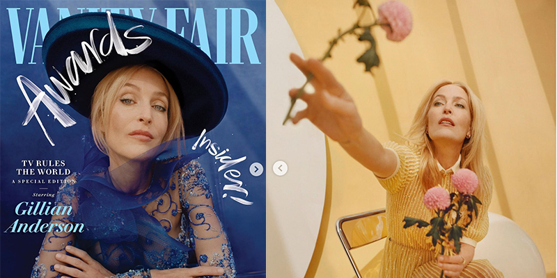 On the Vanity Fair Awards Issue cover, Gillian Anderson is in a blue dress with a blue hat that has a large brim. In the next image, from inside the magazine, she is in a yellow dress reaching out to the camera holding pink roses against a yellow background.