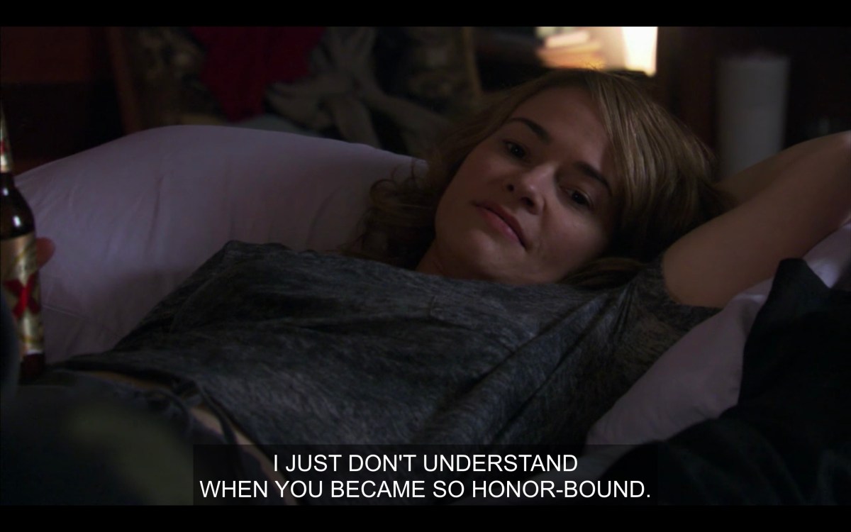 Alice lying in bed saying "I just don't understand when you became so honor-bond"