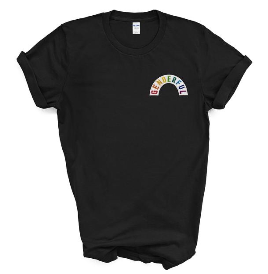 Black t-shirt with the word "Genderful" in rainbow letters in a white arc on the breast.
