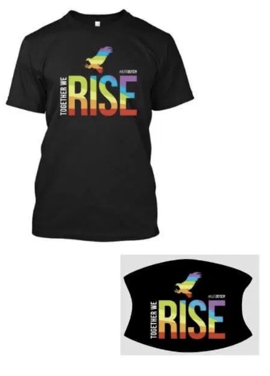 A black t-shirt with the words "Together we Rise" in a rainbow gradient block letters. A little rainbow bird is atop the letters