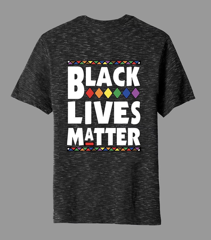 dark black/grey heather tee with BLACK LIVES MATTER in white lettering with rainbow accents