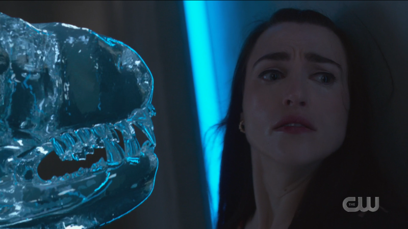 Supergirl Episode 607: Lena looks away from the kelpie that is getting very close to her perfect face.